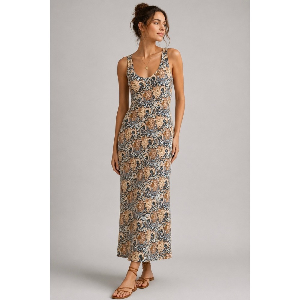 Anthropologie Drew $238 XS Paisley Scoop Neck Sleeveless Maxi Dress Blue Tan